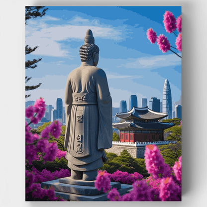Seoul Buddha Statue with Cherry Blossoms - Paint by Numbers Kit