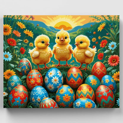 Easter Chicks with Decorated Eggs - Paint by Numbers Kit