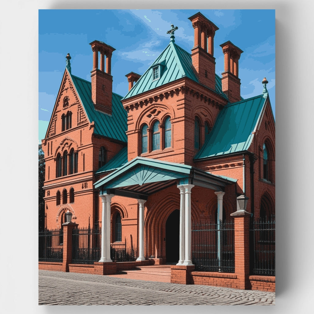 Iglesia histórica de ladrillo rojo con techo de cobre verde - Kit de pintura por números — Estándar
