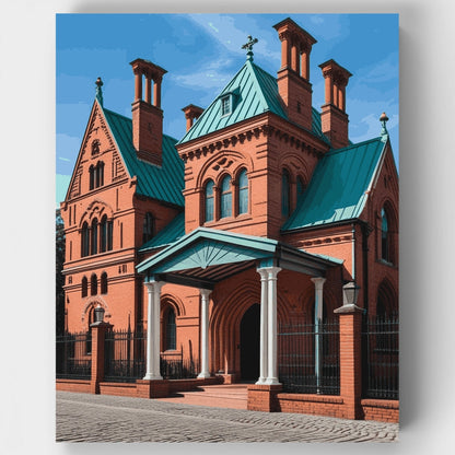 Historic Red Brick Church with Green Copper Roof - Paint by Numbers Kit