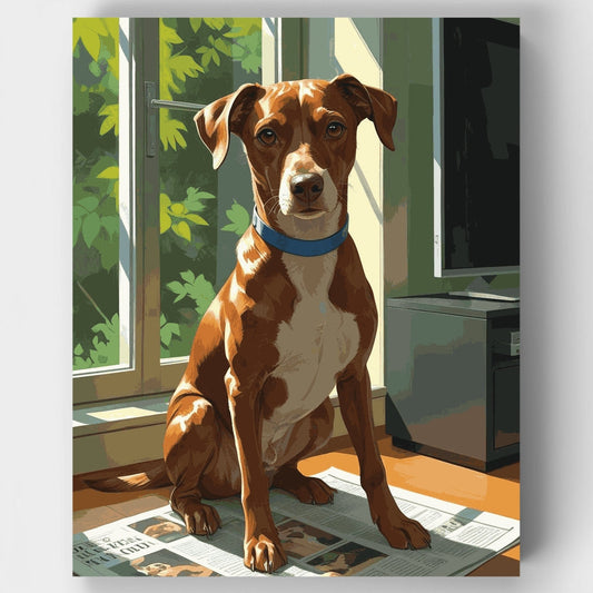 Brown and White Dog Sitting by Window - Paint by Numbers Kit