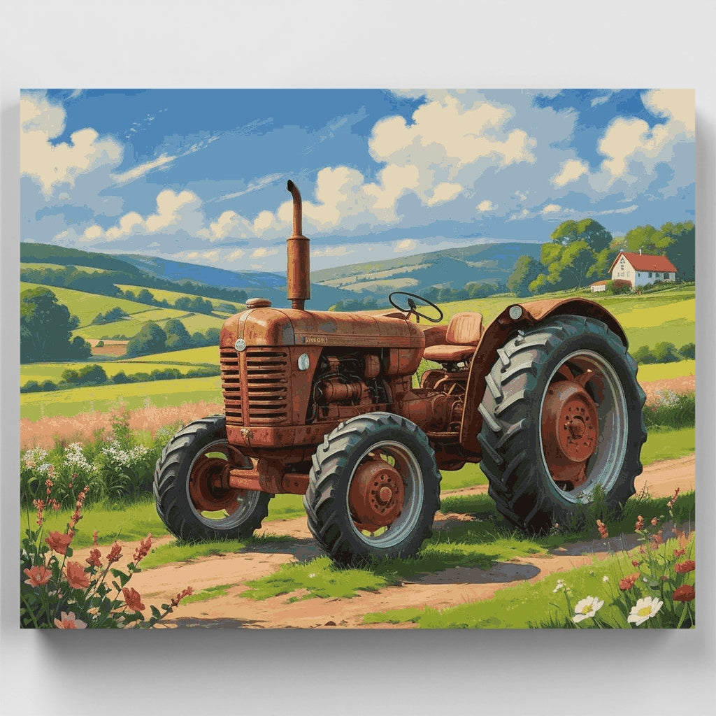Classic Red Tractor in Meadow - Paint by Numbers Kit