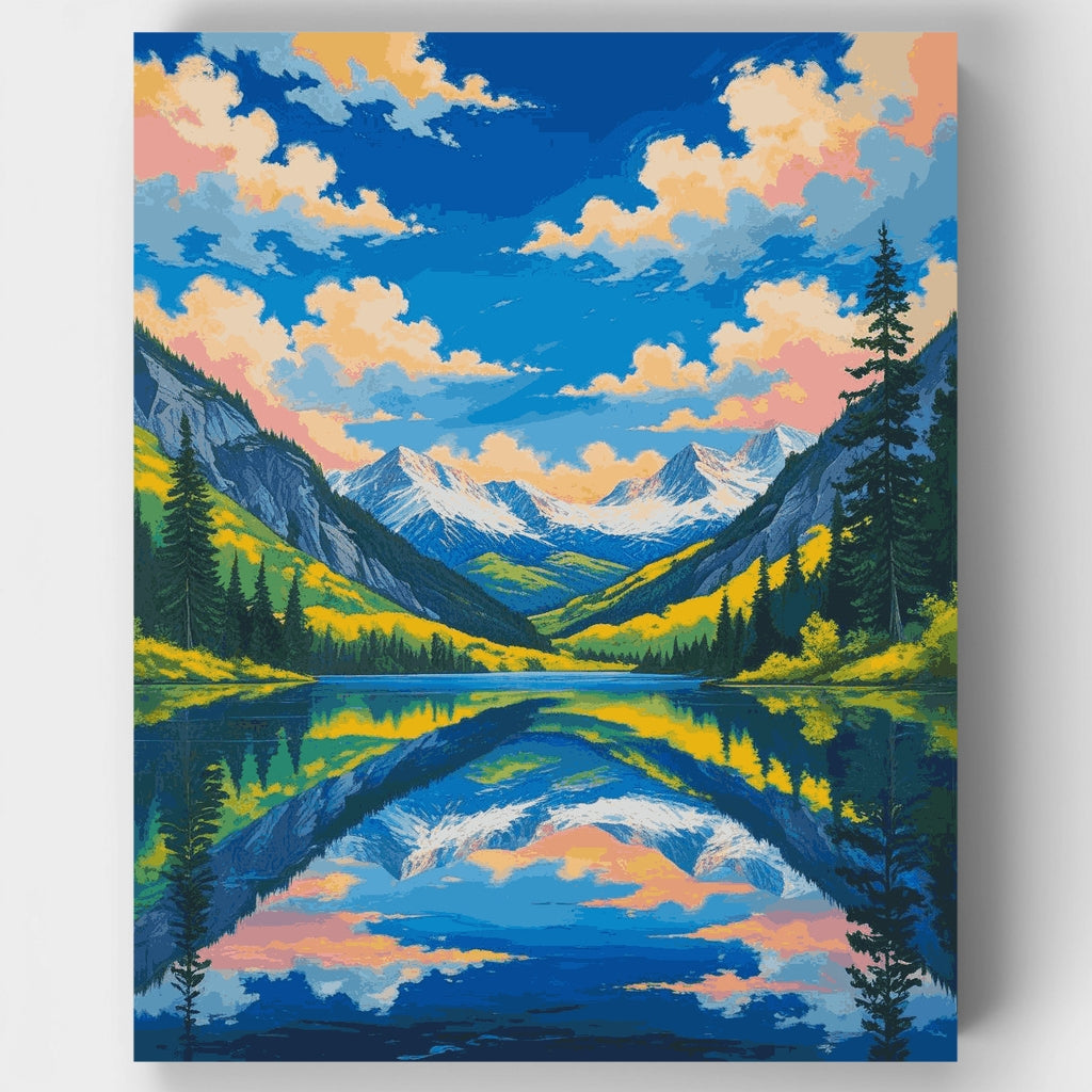 Kit de pintura por números: Reflejo en el valle montañoso del lago alpino — Estándar