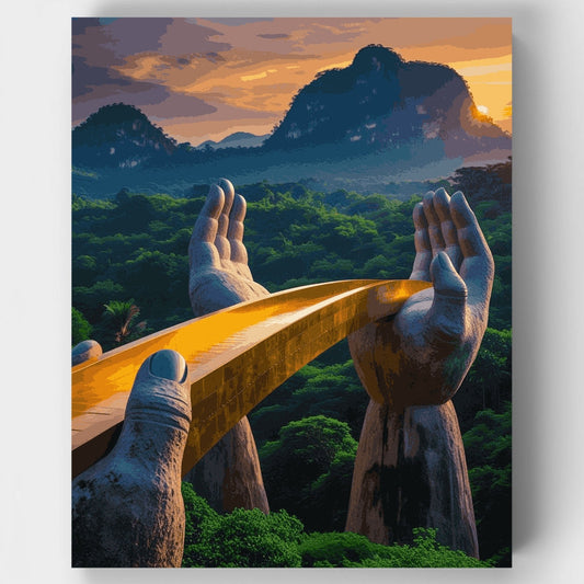 Golden Bridge Held by Giant Stone Hands - Paint by Numbers Kit