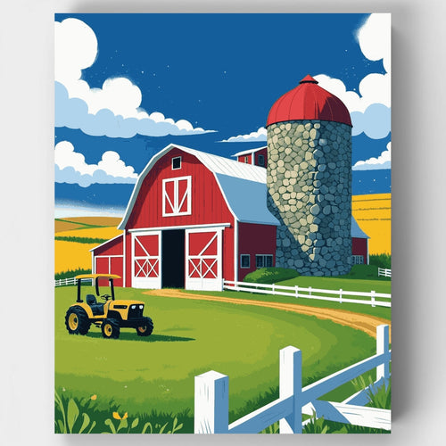 Classic Red Barn Farmstead with Stone Silo - Paint by Numbers Kit
