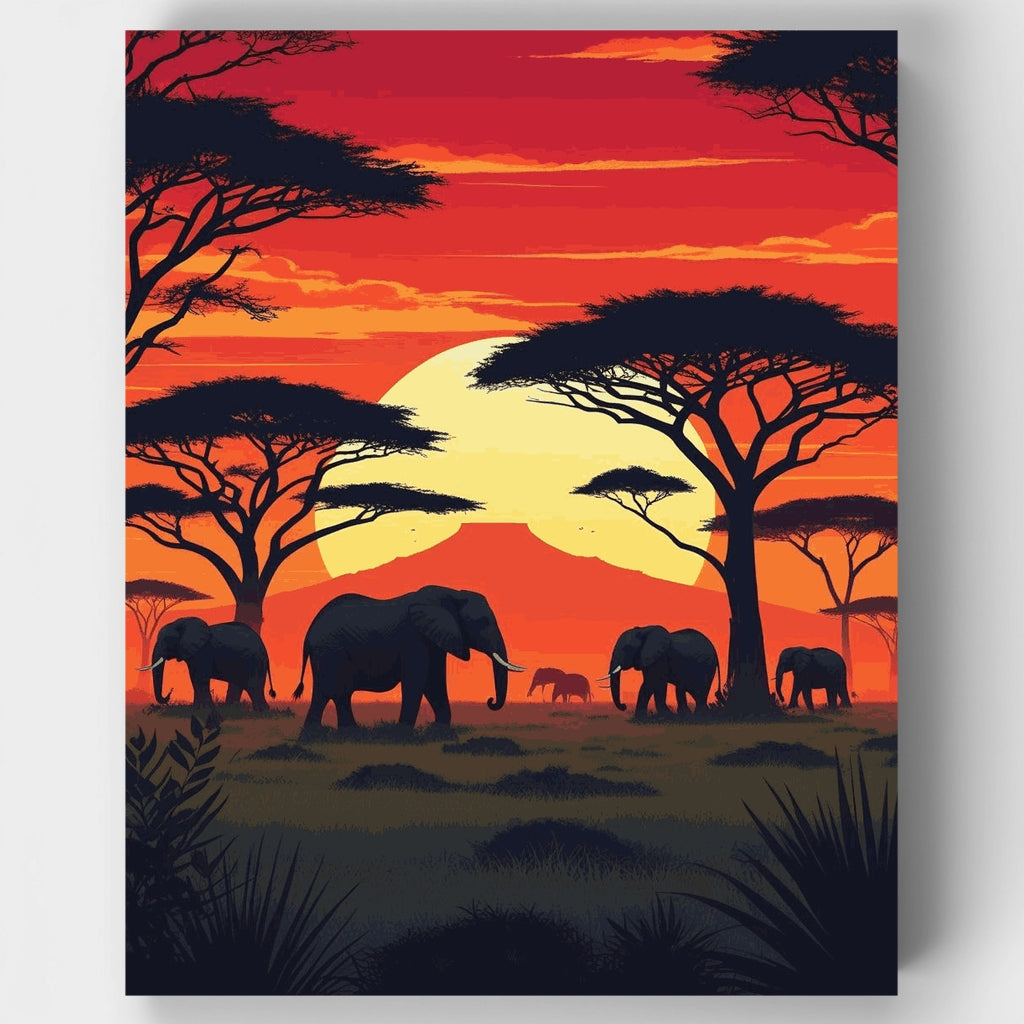 Manada de elefantes de la sabana africana al atardecer - Kit de pintura por números — Estándar