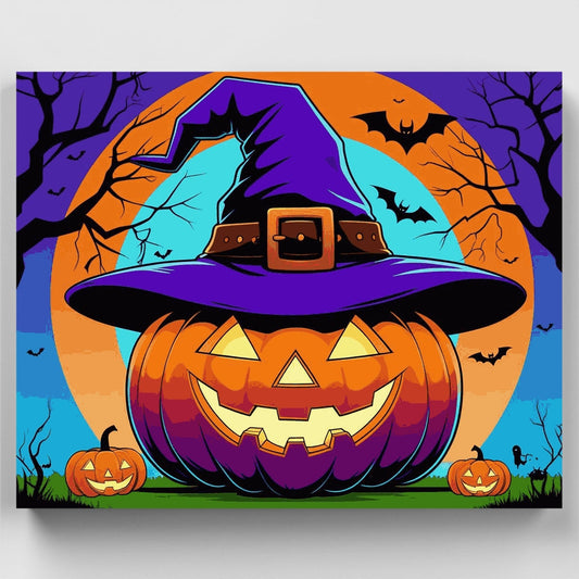 Giant Halloween Pumpkin with Witch Hat - Paint by Numbers Kit