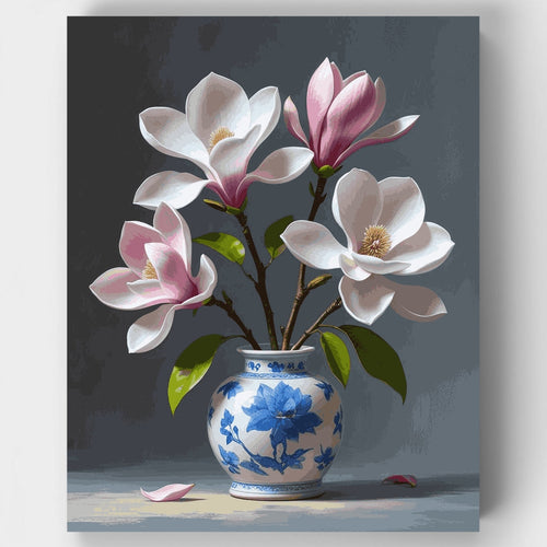 Magnolia Blossoms in Blue Porcelain Vase - Paint by Numbers Kit