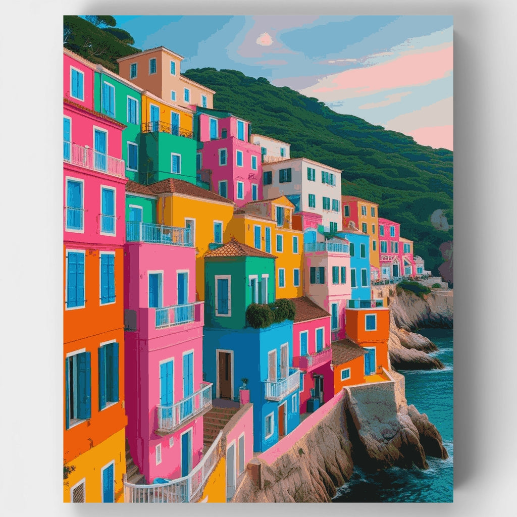 Colorful Coastal Village Coastline - Paint by Numbers Kit