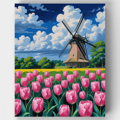 Dutch Windmill with Pink Tulips - Paint by Numbers Kit