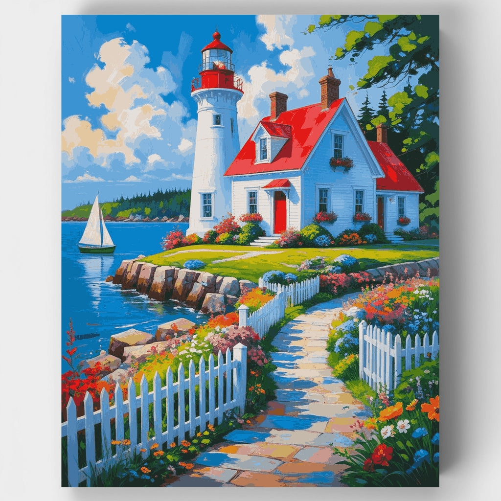 Encantador faro costero con sendero de jardín - Kit de pintura por números — Estándar