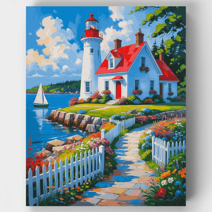 Charming Coastal Lighthouse with Garden Path - Paint by Numbers Kit