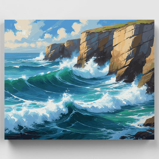 Dramatic Ocean Waves Crashing Against Coastal Cliffs - Paint by Numbers Kit