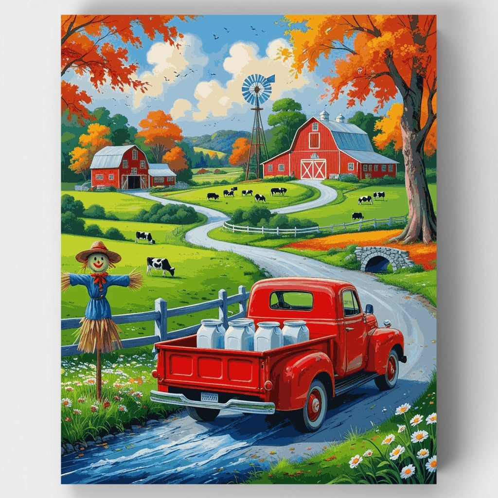 Escena de granja otoñal con camioneta roja - Kit de pintura por números — Estándar