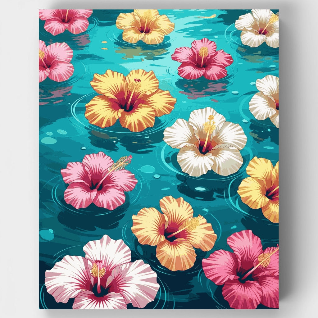 Tropical Hibiscus Flowers Floating on Water - Paint by Numbers Kit