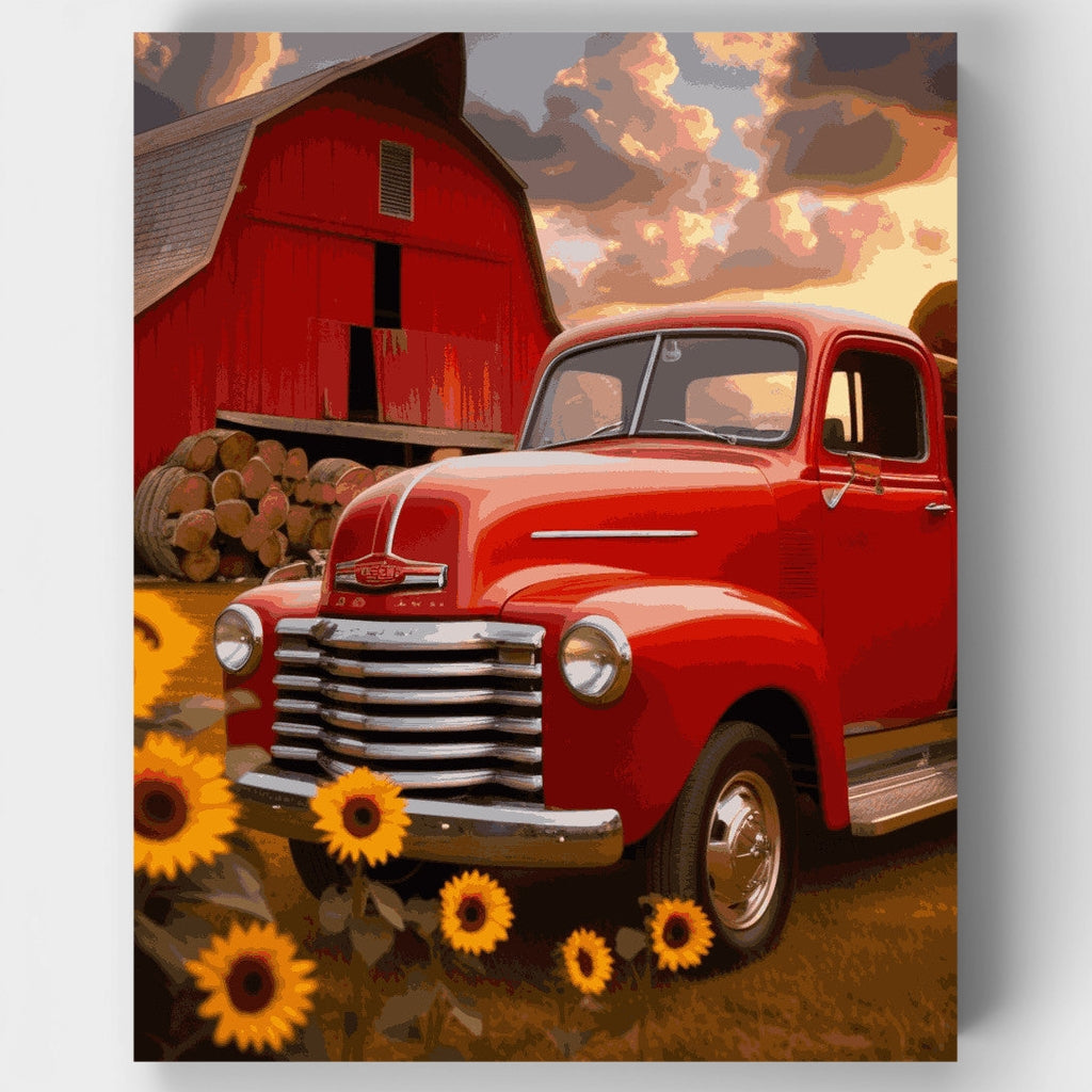 Kit de pintura por números: Camión rojo vintage y girasoles — Estándar