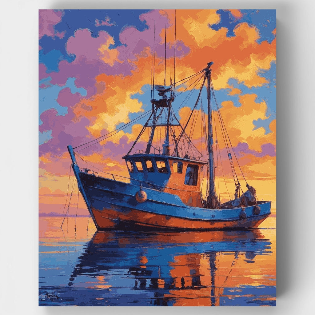 Barco pesquero al atardecer - Kit de pintura por números — Estándar