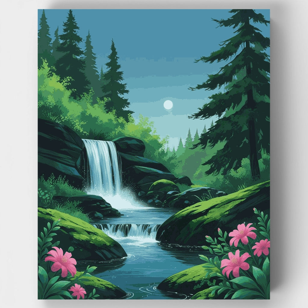 Kit de pintura por números: Cascada en el bosque bajo la luz de la luna — Estándar