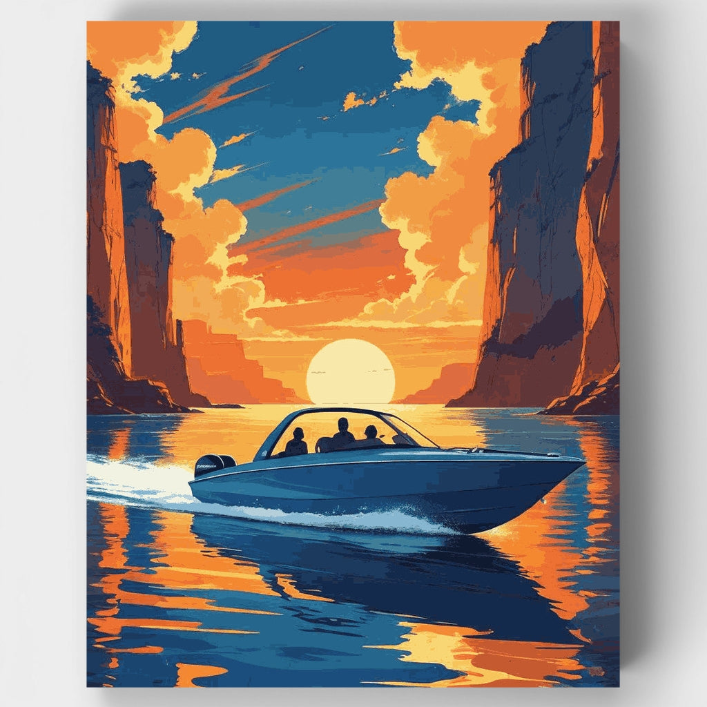 Kit de pintura por números: Lancha rápida en el cañón al atardecer — Estándar