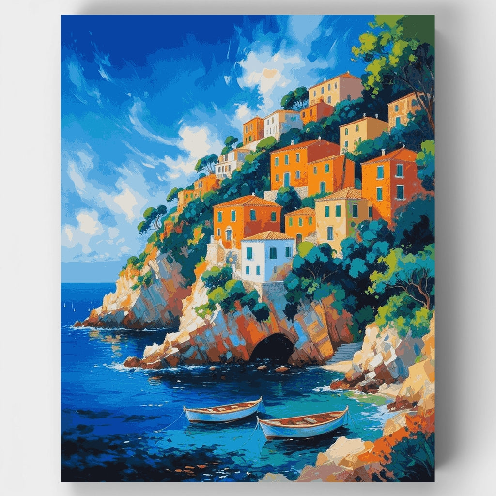 Pueblo mediterráneo en un acantilado con aguas azules - Kit de pintura por números — Estándar