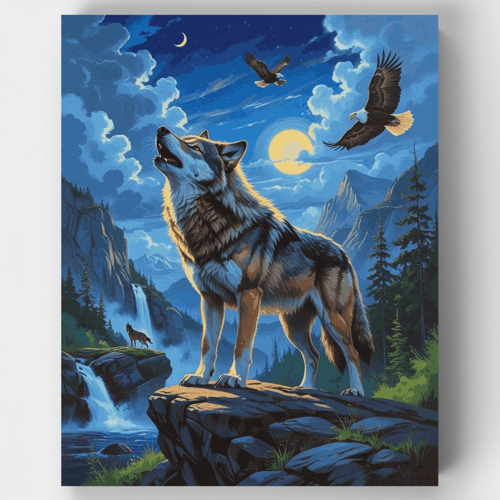 Kit de pintura por números: Lobo majestuoso aullando bajo la luz de la luna — Estándar
