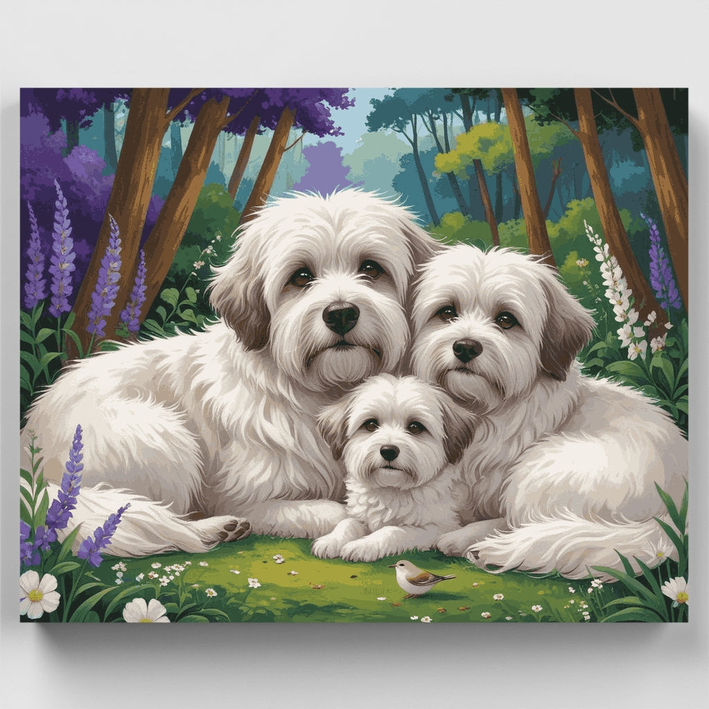 Kit de pintura por números: Retrato familiar de Westies en el bosque — Estándar