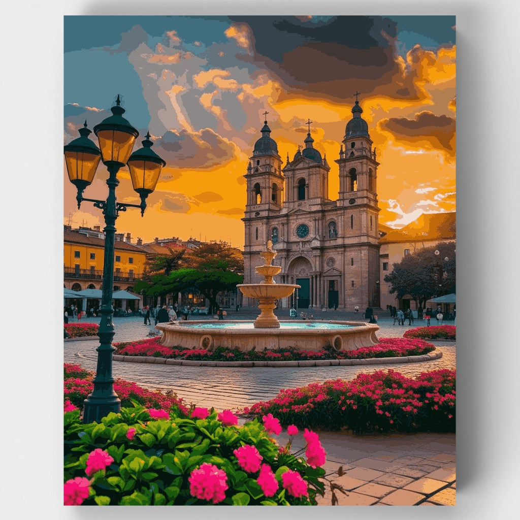 Colonial Church Square at Sunset - Paint by Numbers Kit
