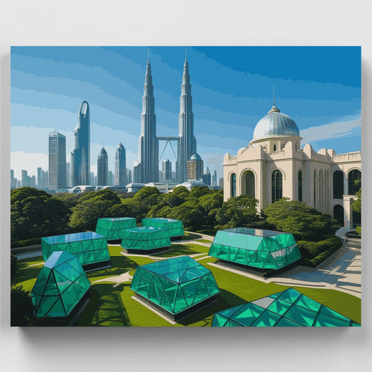 Kuala Lumpur Skyline with Green Geometric Art - Paint by Numbers Kit