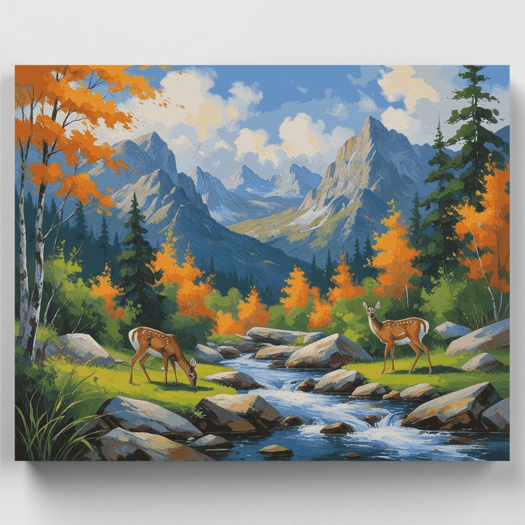 Autumn Mountain Stream with Deer - Paint by Numbers Kit
