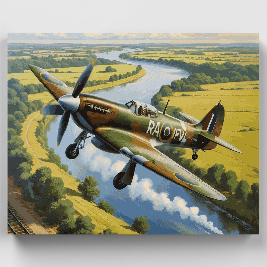 Kit de pintura por números: Spitfire de la RAF sobre un valle fluvial — Estándar