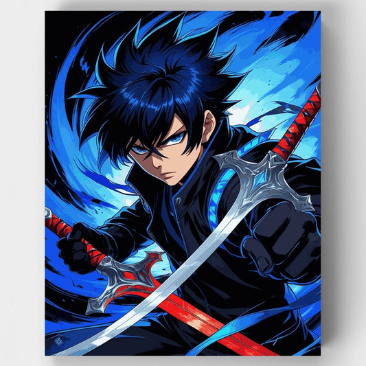 Anime Warrior with Blue Flames and Sword - Paint by Numbers Kit