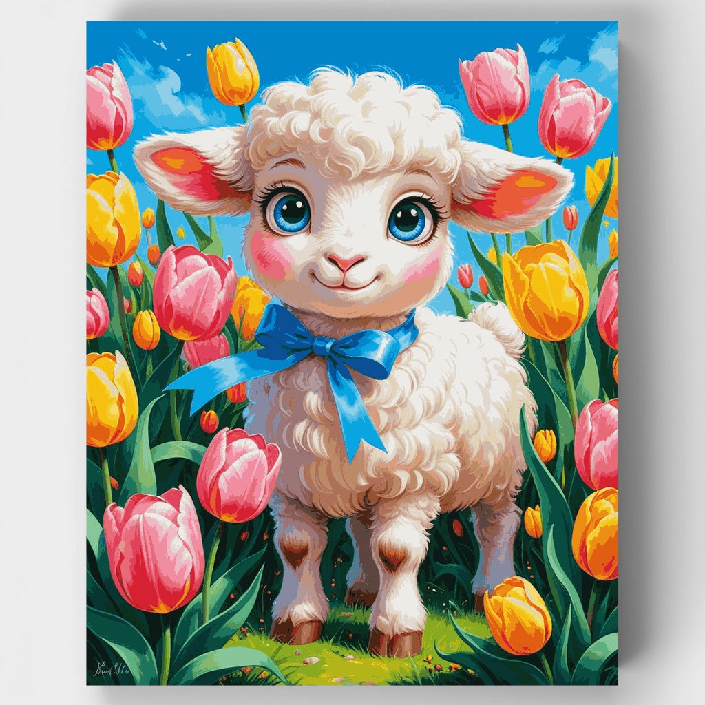 Adorable cordero entre tulipanes de primavera - Kit de pintura por números — Estándar