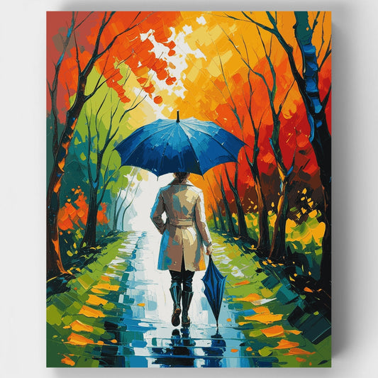 Autumn Walk with Blue Umbrella - Paint by Numbers Kit