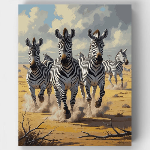 Zebras Running Across African Savanna - Paint by Numbers Kit
