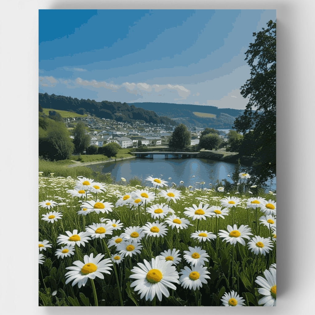 Campo de margaritas junto a River Town - Kit de pintura por números — Estándar