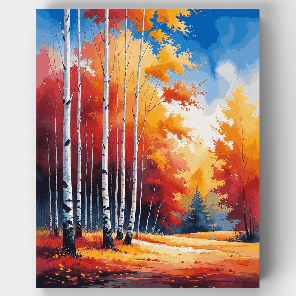Paisaje de bosque de abedules en otoño vibrante - Kit de pintura por números — Estándar