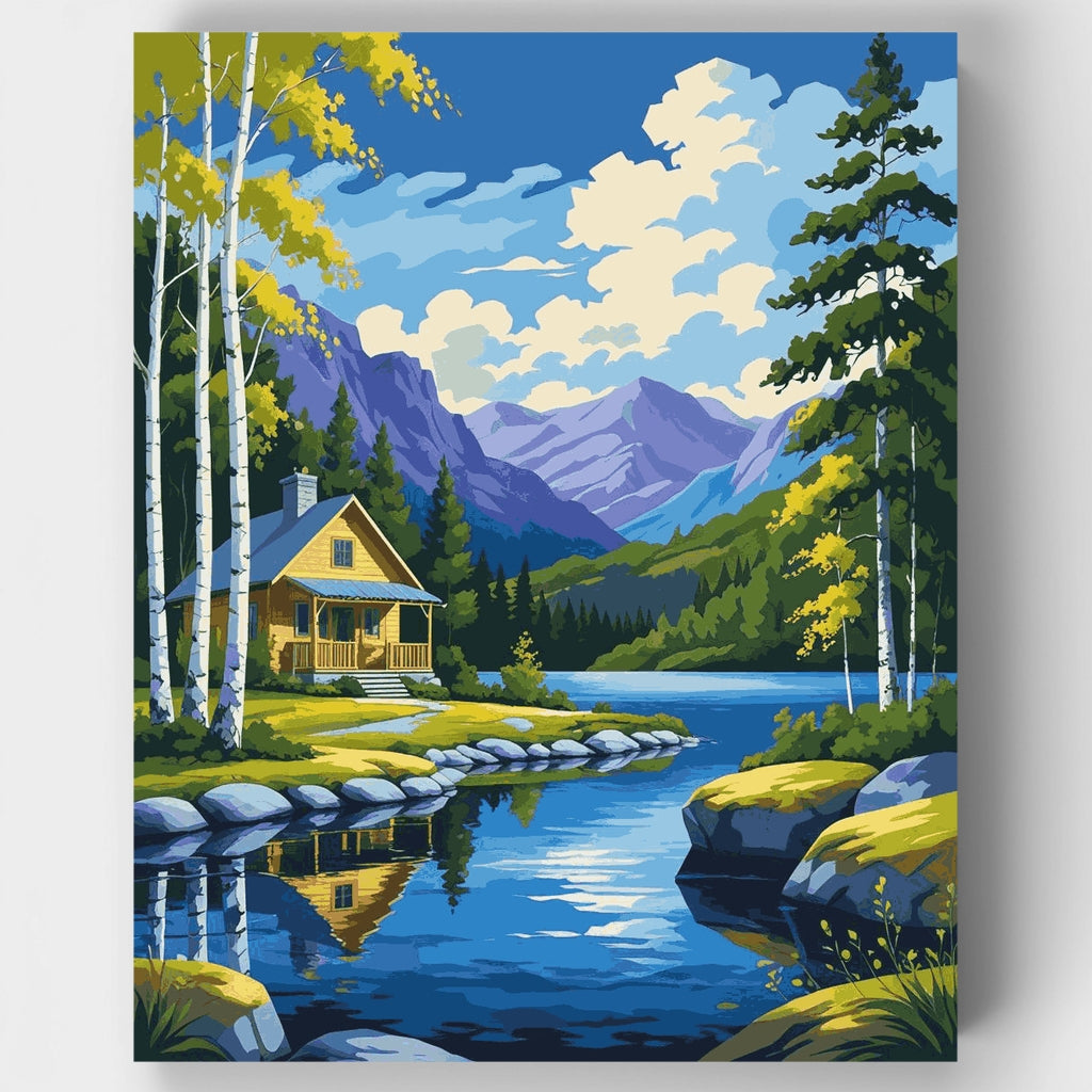 Paraíso montañoso en cabaña junto al lago - Kit de pintura por números — Estándar