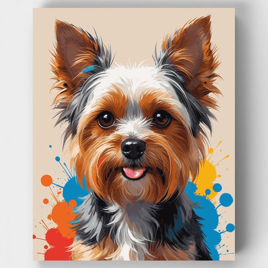 Adorable Yorkshire Terrier with Colorful Paint Splashes - Paint by Numbers Kit
