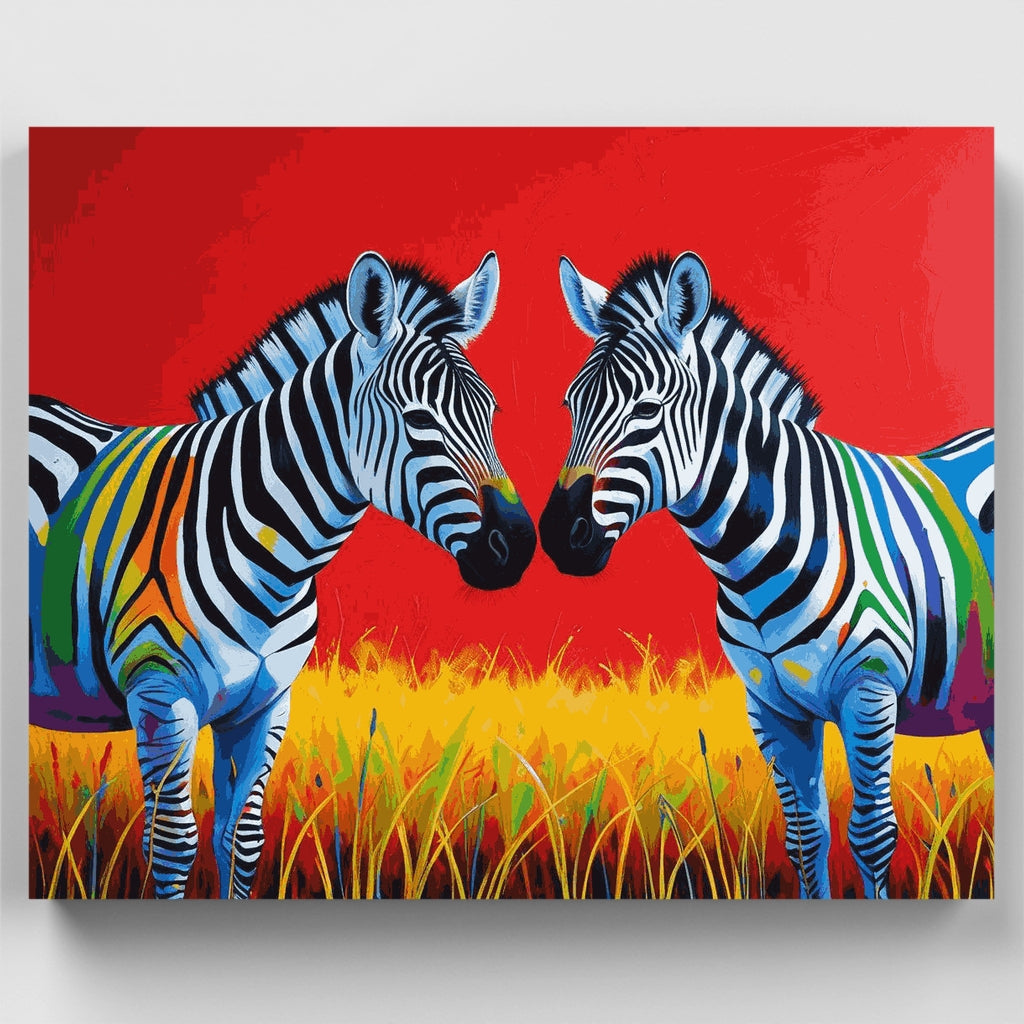Colorful Zebras on Red Background - Paint by Numbers Kit