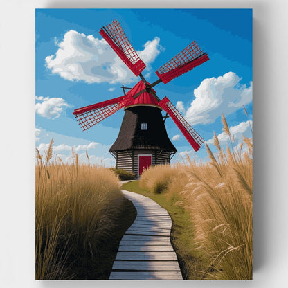 Red Windmill on Wooden Path - Paint by Numbers Kit