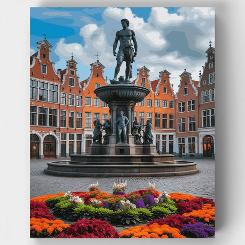 Historic Belgian Town Square with Ornate Fountain - Paint by Numbers Kit