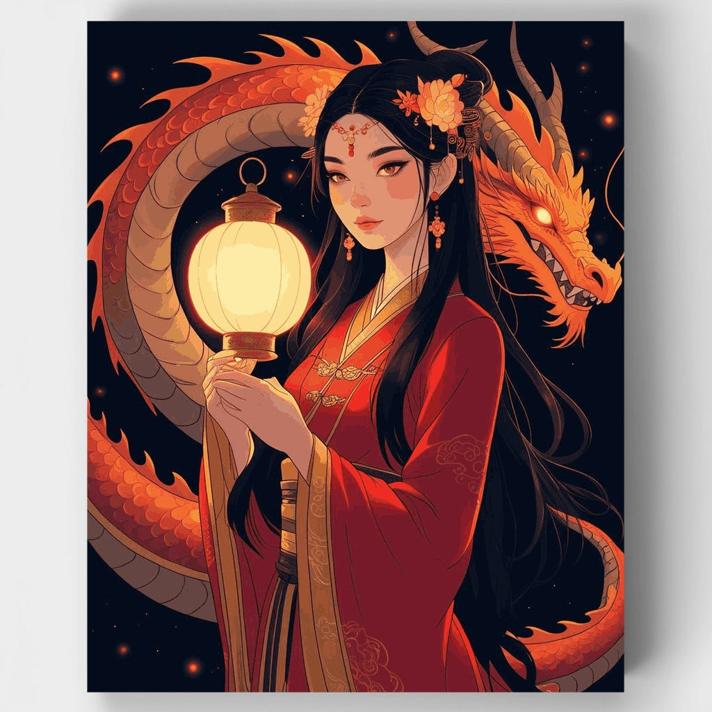 Kit de pintura por números: Dama dragón china con farol — Estándar