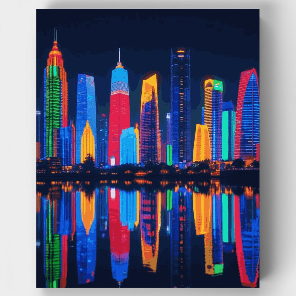 Kit de pintura por números: Reflejo del horizonte de una ciudad vibrante — Estándar