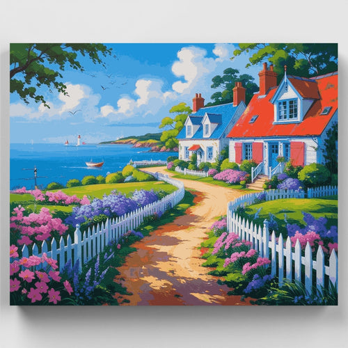 Seaside Cottage with Blooming Garden Path - Paint by Numbers Kit