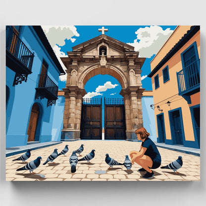 Colonial Church Square with Pigeons - Paint by Numbers Kit