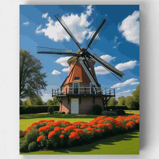 Traditional Dutch Windmill with Vibrant Orange Flowers - Paint by Numbers Kit