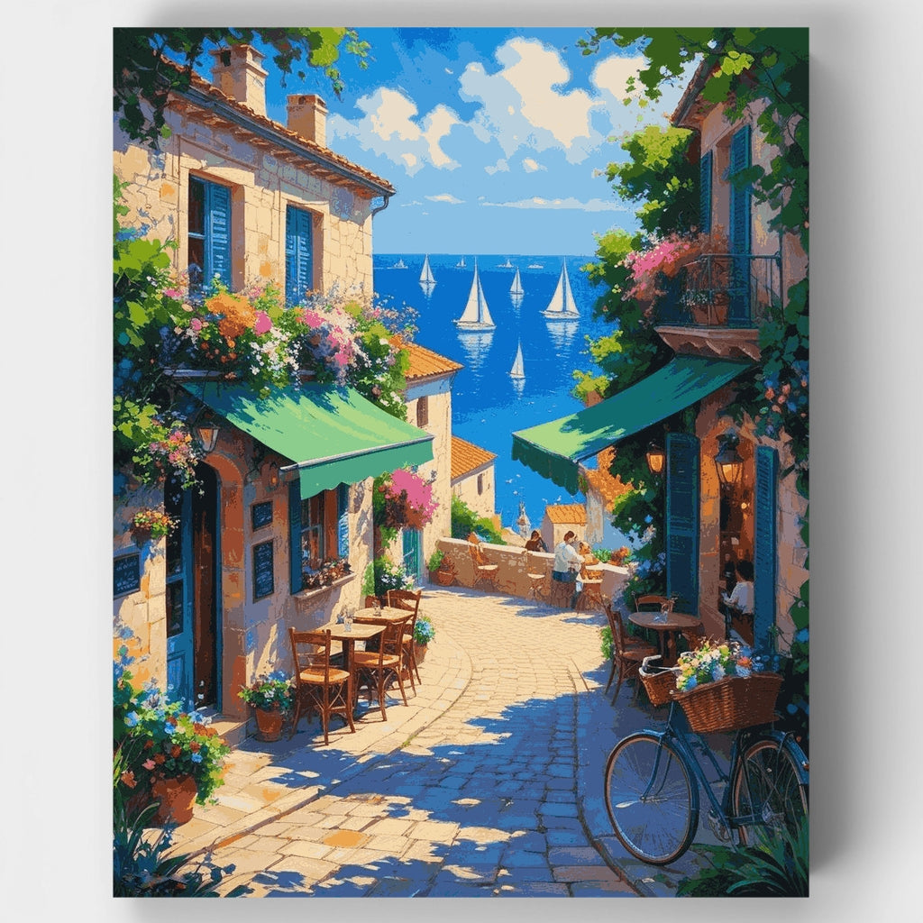 Kit de pintura por números - Cafetería en pueblo costero mediterráneo — Estándar