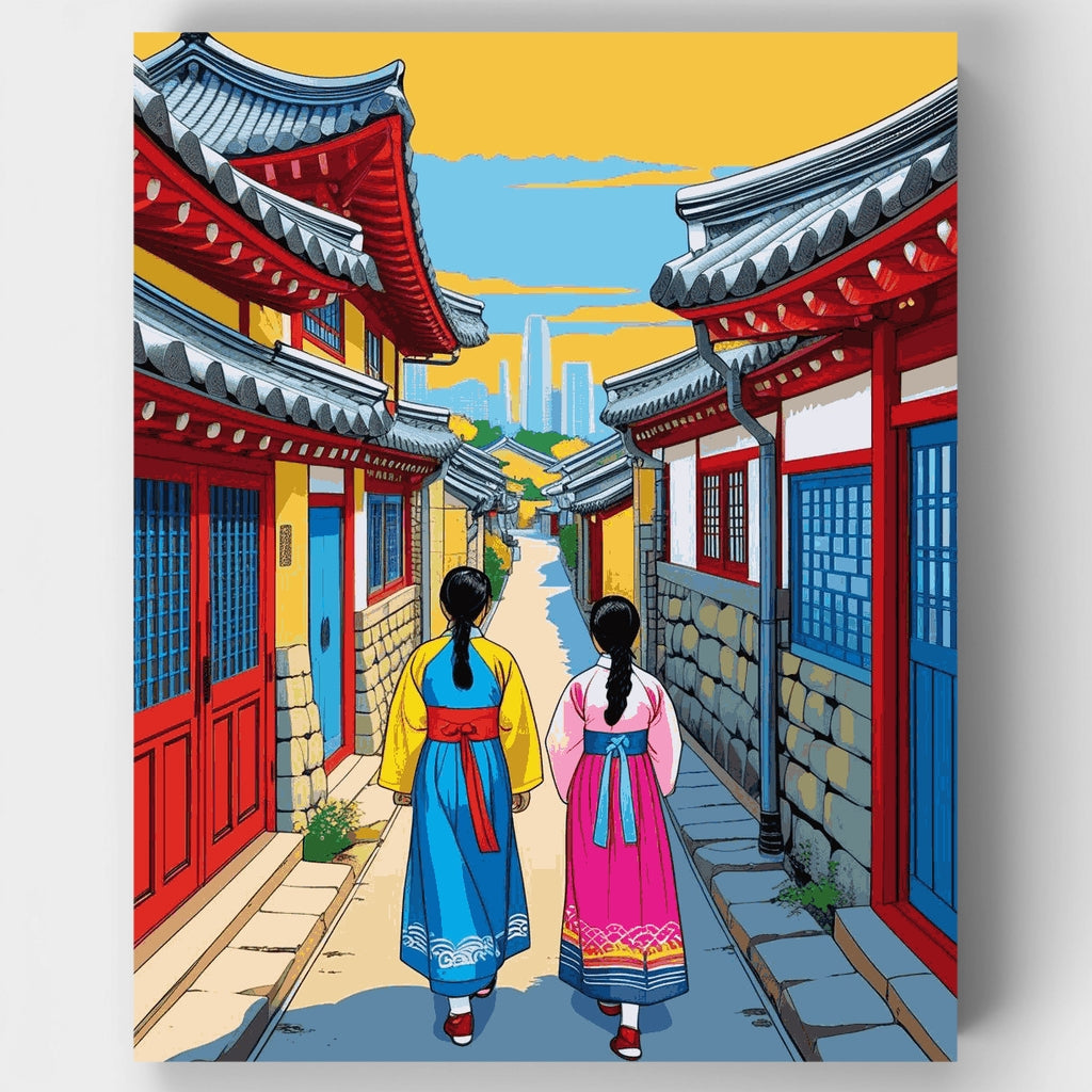 Paseo por el pueblo tradicional coreano - Kit de pintura por números — Estándar
