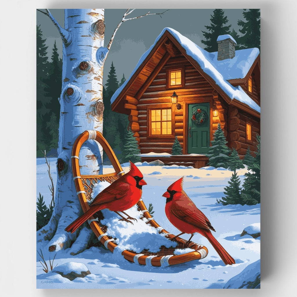 Cabaña de invierno con cardenales - Kit de pintura por números — Estándar
