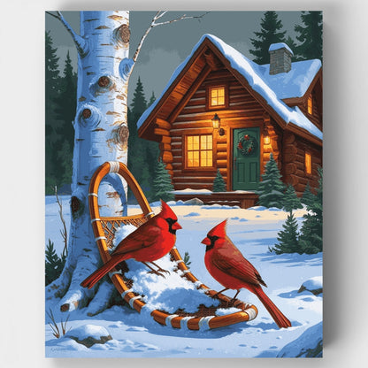 Winter Cabin with Cardinals - Paint by Numbers Kit